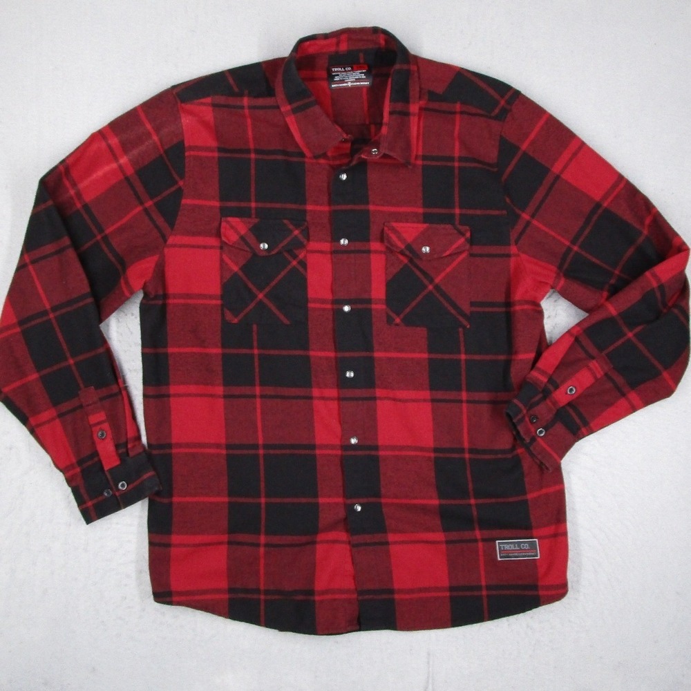Troll Co Dirty Hands Clean Money Flannel Shirt Mens 2XL Red Black Buffalo Plaid